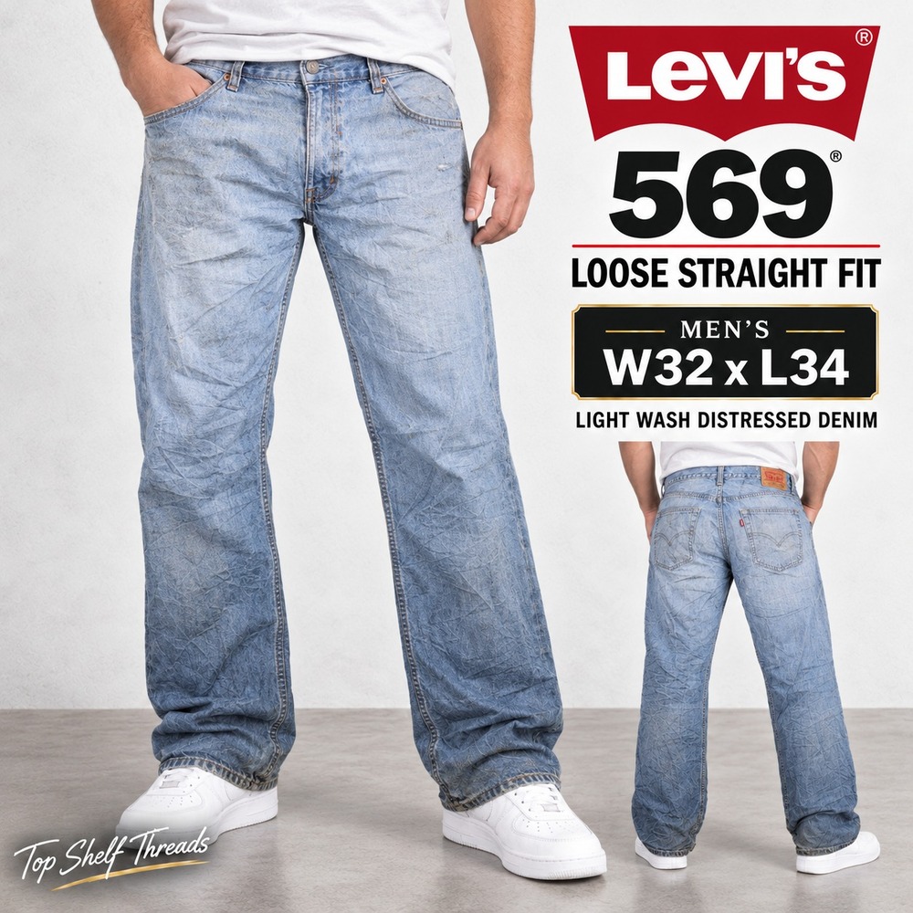 Levi's 569 Loose Straight Men W32 L34 Light Wash Baggy Skater Jeans Zip Fly Blue